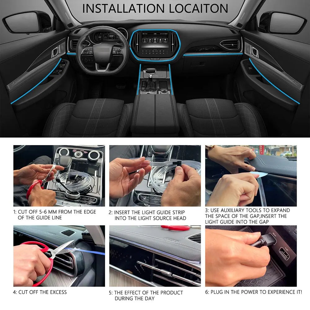 Neon Car LED Interior Lights RGB Ambient Light Fiber Optic Kit with APP Wireless Control LED Auto Atmosphere Decorative Lamp