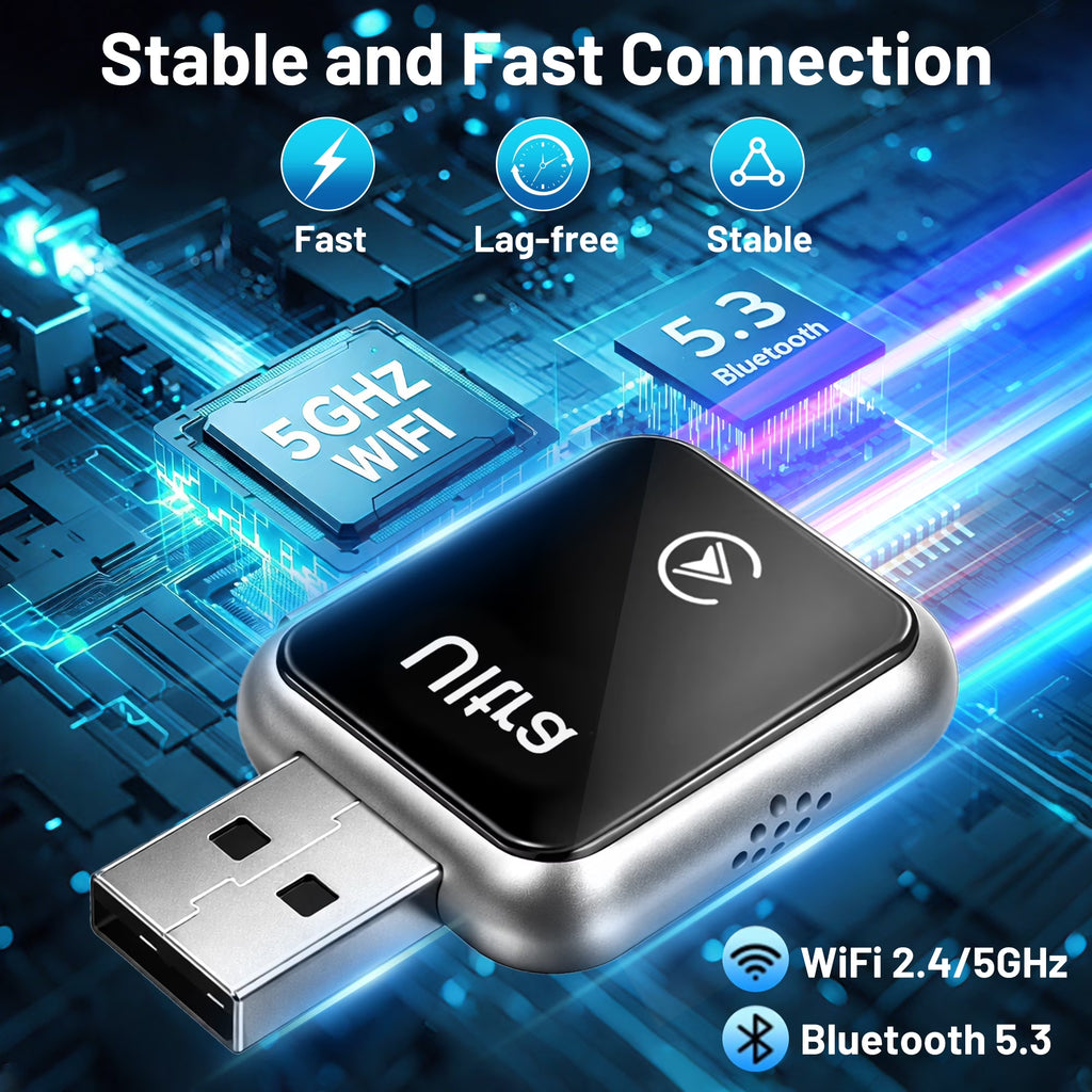 2-In-1 Wireless Carplay & Android Auto Adapter, Converts Wired Carplay to Wireless, Plug and Play Dongle with Stable Auto-Reconnect, Extended Cable and USB-C Converter, for Ios 10+ and Android 12+