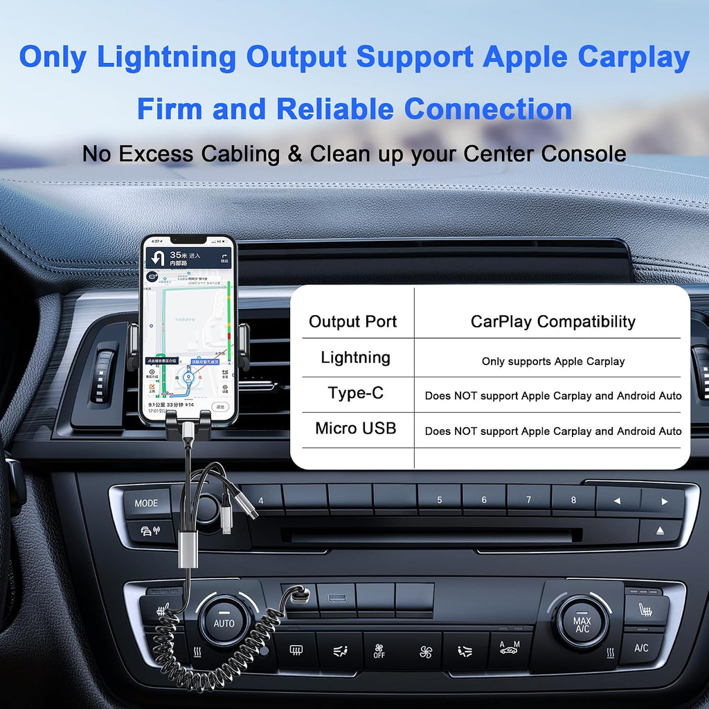 Coiled Multi Charging Cable 4FT [Mfi Certified] 5 in 1 Coiled Charging Cable for Car Coiled Universal Charging Cable USB A/USB C to Lightning(Data, Carplay, 2.4A), Type-C(Charge), Micro Usb(Charge)