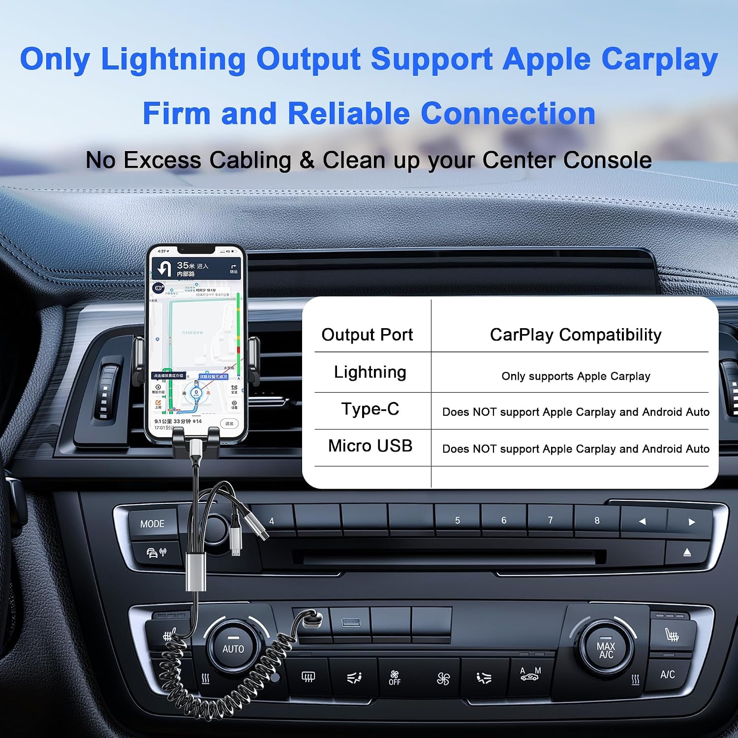 Coiled Multi Charging Cable 4FT [Mfi Certified] 5 in 1 Coiled Charging Cable for Car Coiled Universal Charging Cable USB A/USB C to Lightning(Data, Carplay, 2.4A), Type-C(Charge), Micro Usb(Charge)