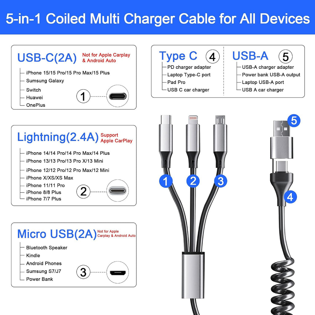 Coiled Multi Charging Cable 4FT [Mfi Certified] 5 in 1 Coiled Charging Cable for Car Coiled Universal Charging Cable USB A/USB C to Lightning(Data, Carplay, 2.4A), Type-C(Charge), Micro Usb(Charge)