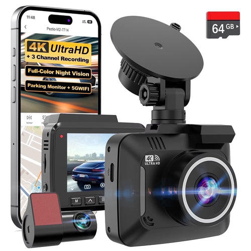 4K Dash Cam Front and Rear Inside,4K+1080 Full HD Dash Camera,Starvis 2 Sensor,Built in 5Ghz Wifi & GPS Car Camera,2.4" IPS Screen, 64GB SD Card,App Control,170°Wide Angle, 24H Parking Mode