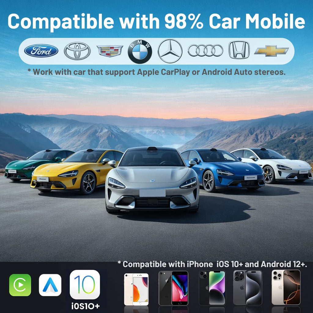 2-In-1 Wireless Carplay & Android Auto Adapter, Converts Wired Carplay to Wireless, Plug and Play Dongle with Stable Auto-Reconnect, Extended Cable and USB-C Converter, for Ios 10+ and Android 12+