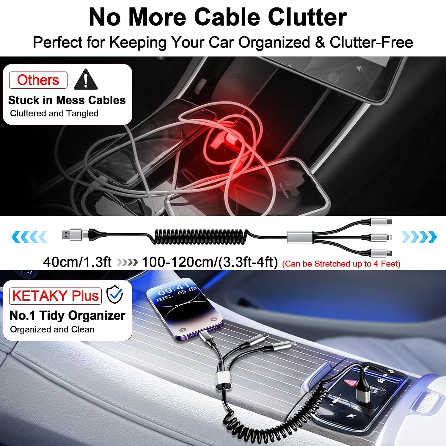 Coiled Multi Charging Cable 4FT [Mfi Certified] 5 in 1 Coiled Charging Cable for Car Coiled Universal Charging Cable USB A/USB C to Lightning(Data, Carplay, 2.4A), Type-C(Charge), Micro Usb(Charge)