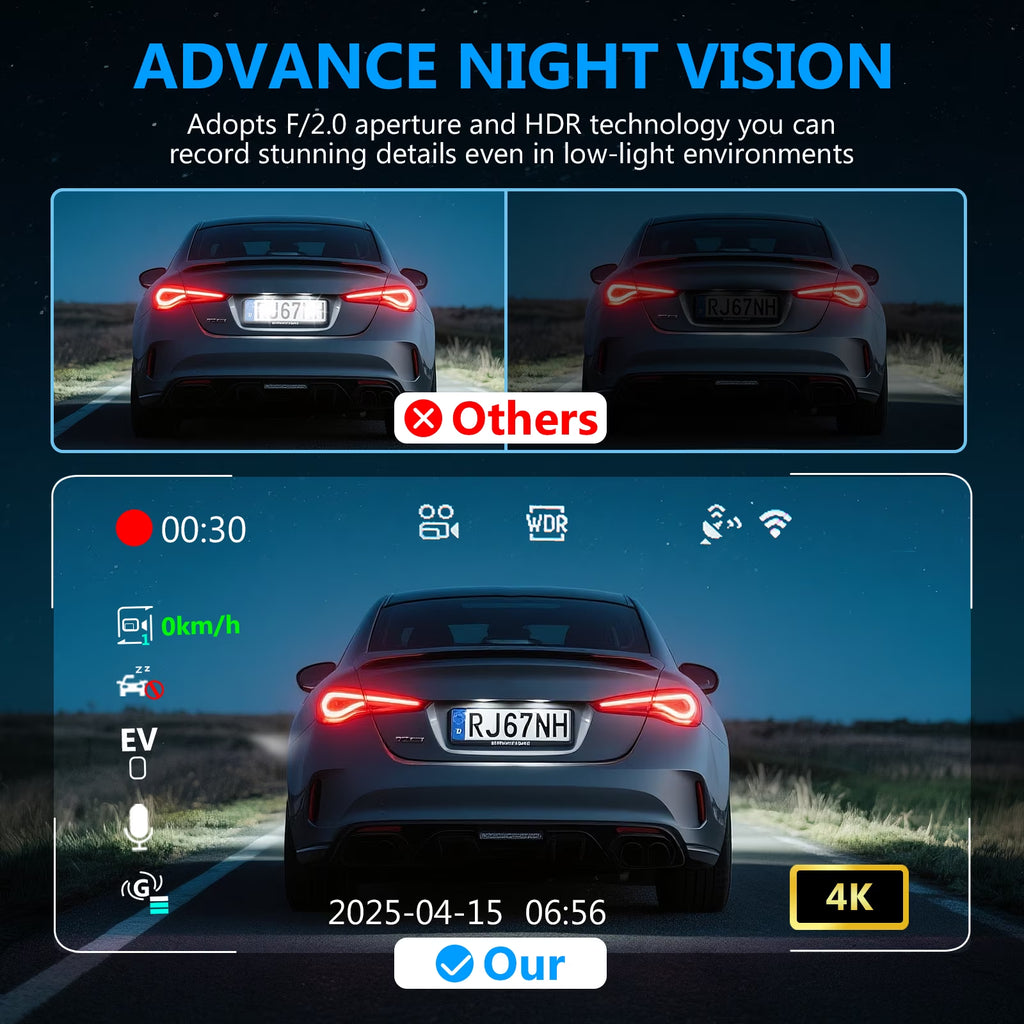 4K Dash Cam Front and Rear Inside,4K+1080 Full HD Dash Camera,Starvis 2 Sensor,Built in 5Ghz Wifi & GPS Car Camera,2.4" IPS Screen, 64GB SD Card,App Control,170°Wide Angle, 24H Parking Mode