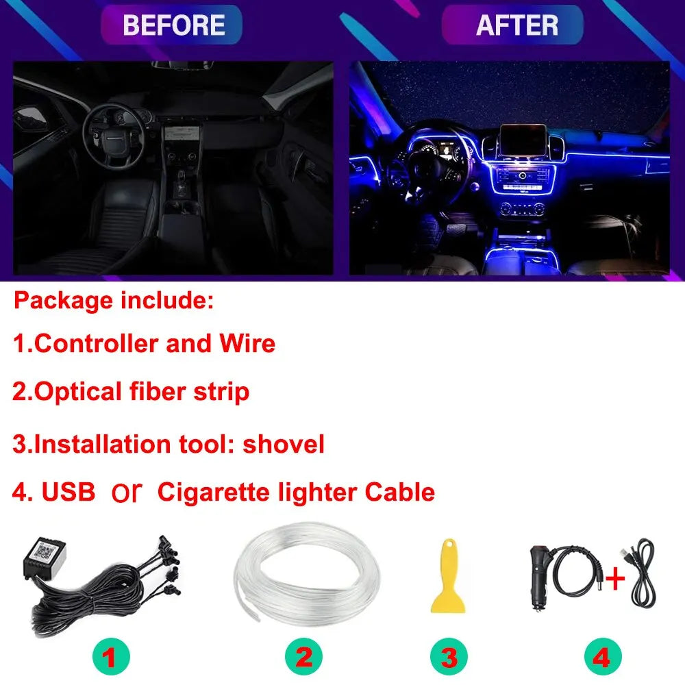 Neon Car LED Interior Lights RGB Ambient Light Fiber Optic Kit with APP Wireless Control LED Auto Atmosphere Decorative Lamp