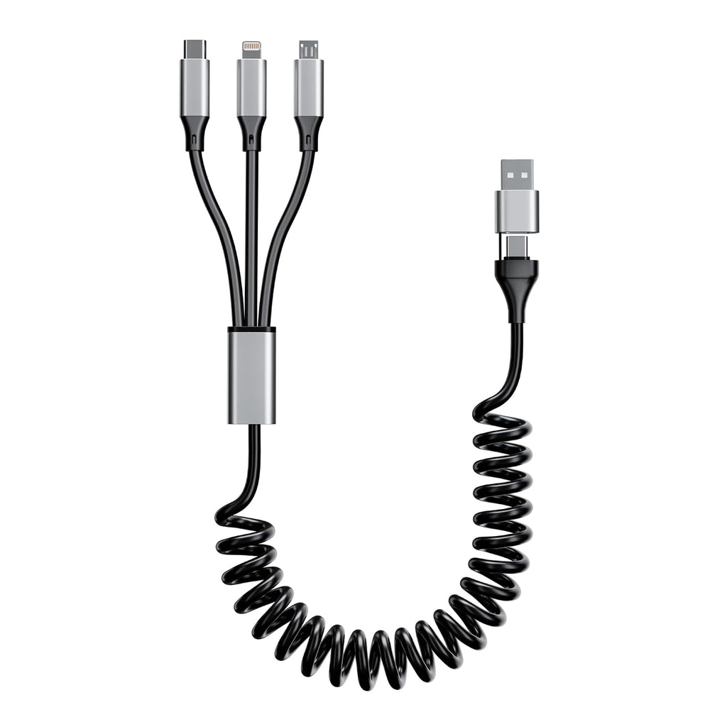 Coiled Multi Charging Cable 4FT [Mfi Certified] 5 in 1 Coiled Charging Cable for Car Coiled Universal Charging Cable USB A/USB C to Lightning(Data, Carplay, 2.4A), Type-C(Charge), Micro Usb(Charge)