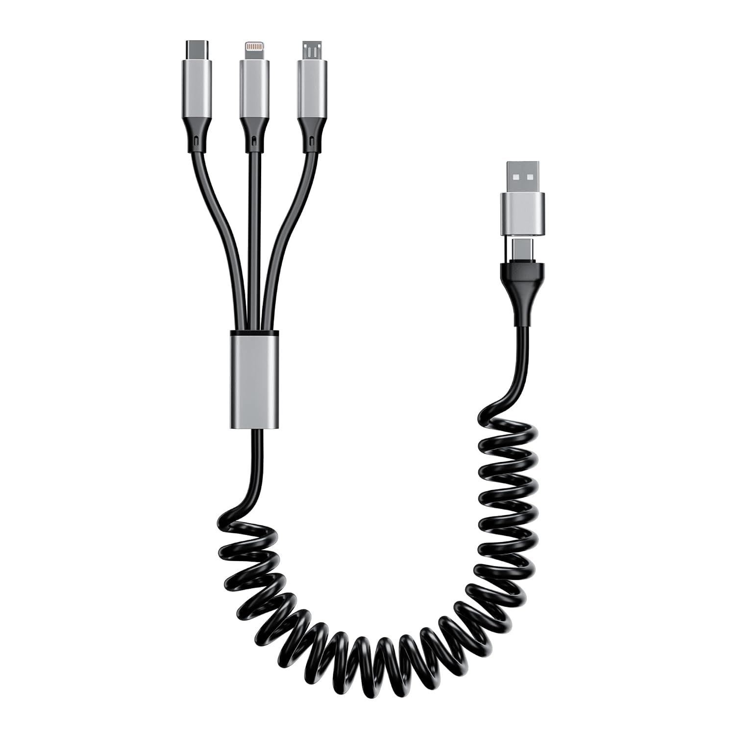 Coiled Multi Charging Cable 4FT [Mfi Certified] 5 in 1 Coiled Charging Cable for Car Coiled Universal Charging Cable USB A/USB C to Lightning(Data, Carplay, 2.4A), Type-C(Charge), Micro Usb(Charge)