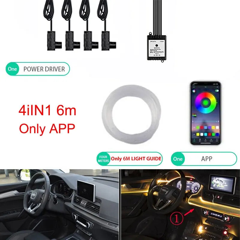 Neon Car LED Interior Lights RGB Ambient Light Fiber Optic Kit with APP Wireless Control LED Auto Atmosphere Decorative Lamp