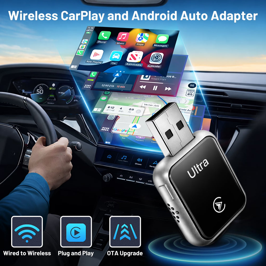 2-In-1 Wireless Carplay & Android Auto Adapter, Converts Wired Carplay to Wireless, Plug and Play Dongle with Stable Auto-Reconnect, Extended Cable and USB-C Converter, for Ios 10+ and Android 12+