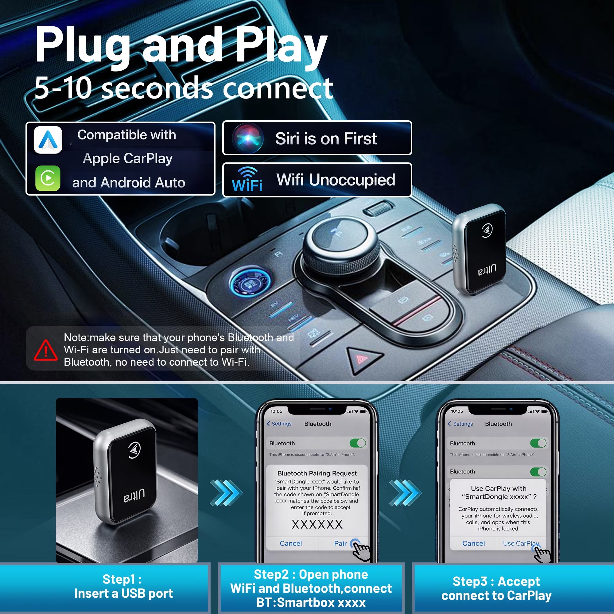 2-In-1 Wireless Carplay & Android Auto Adapter, Converts Wired Carplay to Wireless, Plug and Play Dongle with Stable Auto-Reconnect, Extended Cable and USB-C Converter, for Ios 10+ and Android 12+