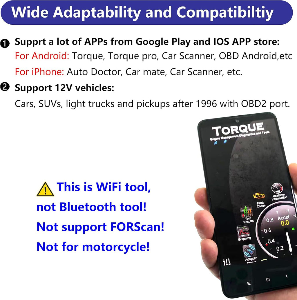 Wifi ELM327 OBD2 Adapter Wifi ELM 327 OBD Scanner for Universal 12V Vehicle | Diagnostic Tool OBD Car Fault Code Scanner Reader Interface Dongle Connector for Android Ios Iphone for Universal Apps Torque