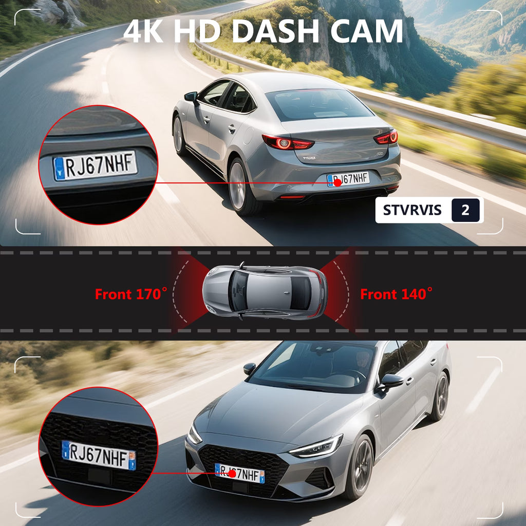 4K Dash Cam Front and Rear Inside,4K+1080 Full HD Dash Camera,Starvis 2 Sensor,Built in 5Ghz Wifi & GPS Car Camera,2.4" IPS Screen, 64GB SD Card,App Control,170°Wide Angle, 24H Parking Mode
